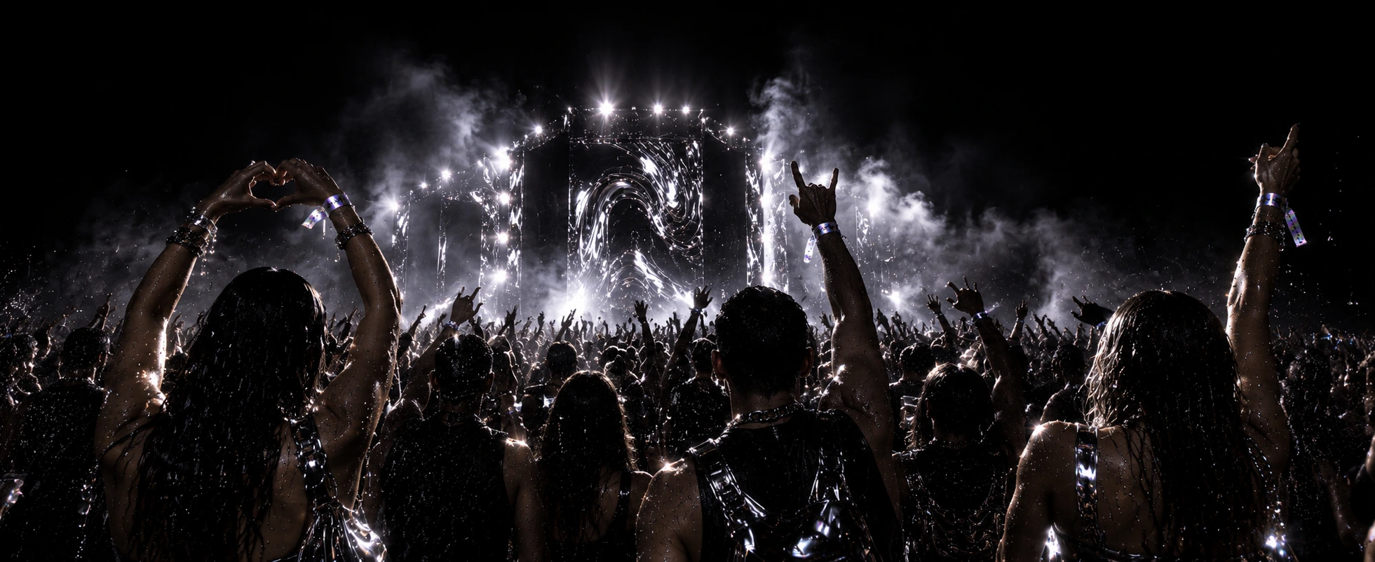 Concert crowd with raised hands facing a brightly lit chrome stage
